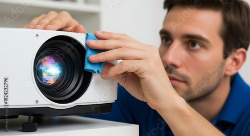 Projector Maintenance: Man Cleaning Lens for Optimal Performance