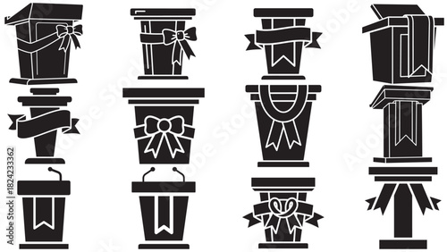 Ribboned presentation podium icon — awarded speaker lectern for investor pitches, conferences, corporate briefings and product launches