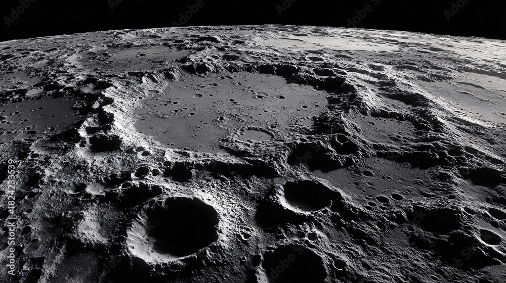 Fototapeta premium High-resolution black and white close-up of lunar surface with craters and shadows