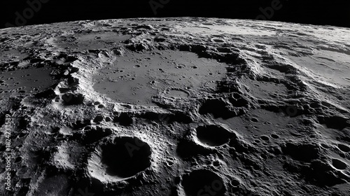 High-resolution black and white close-up of lunar surface with craters and shadows