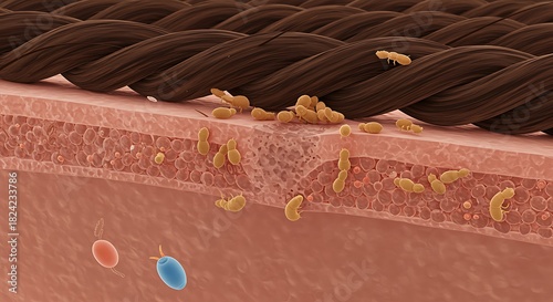 A microscopic view of hair follicles infested with demodex mites and bacteria