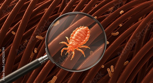 A magnified view of a head louse under a magnifying glass on hair