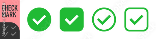 Green, black check mark and red, black cross icon set, circle and square. Tick symbol in green, black color. Hand drawn checkmark illustration 
