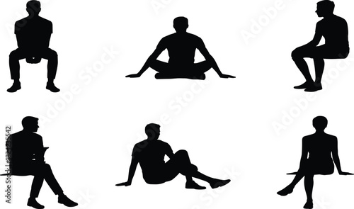 Seated silhouette, sitting posture, black graphic, vector illustration, relaxed gesture, human pose, body language, ergonomic stance, figure icon, motionSeated silhouette, 
