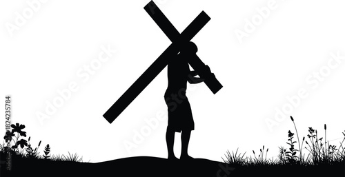 Black silhouette of a man carrying a heavy wooden cross on his shoulder, symbolizing religious devotion, sacrifice, burden, Christian faith, and the Passion of Jesus vector illustration
