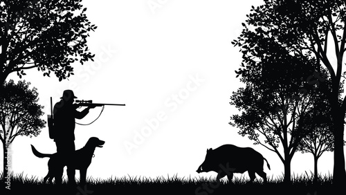 Black silhouette of a hunter with a rifle and his dog pursuing a wild boar in a forest clearing, depicting sport hunting, outdoor activity, and wilderness adventure vector illustration