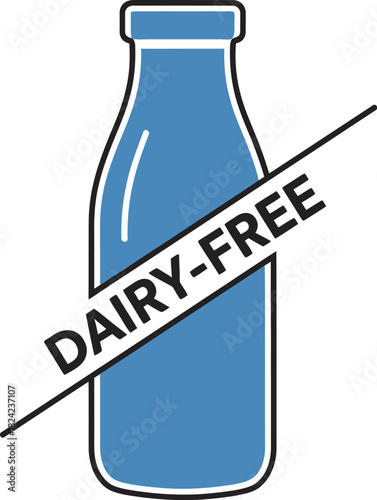 Simple graphic illustration of a blue milk bottle with a diagonal "DAIRY-FREE" label