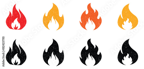 Crayon drawn red fire flames icons collection. Fire flame icon. Crayon vector logo. Hot fire on white background. Flame simple illustration. Graphic heat symbol. Hand drawn doodle flames stickers.
