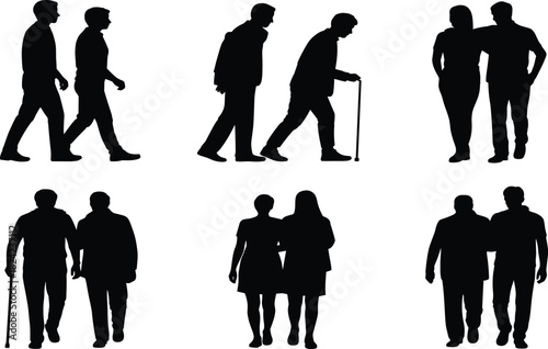 Walking silhouette, companionship gesture, black graphic, vector illustration, support pose, caregiving icon, friendship stance, social connection, mobility figureWalking silhouette