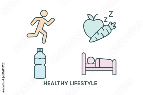 Healthy lifestyle icons representing exercise nutrition hydration and sleep