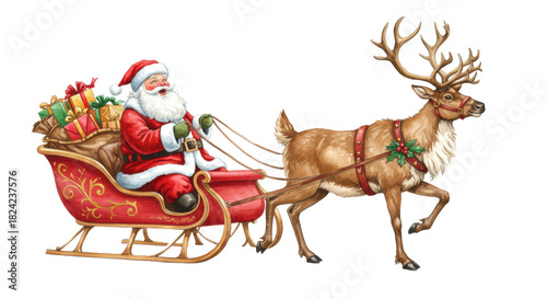Watercolor of jolly santa claus in red velvet suit driving gift-loaded sleigh pulled by a robust reindeer in mid-stride, isolated on transparent background. Classic holiday design concept