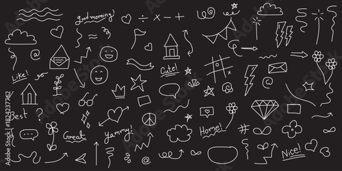 Line arrow, star, heart cute icon elements. Hand drawn sketch heart, arrow, star, flower decoration symbols. Editable Stroke. Vector illustration