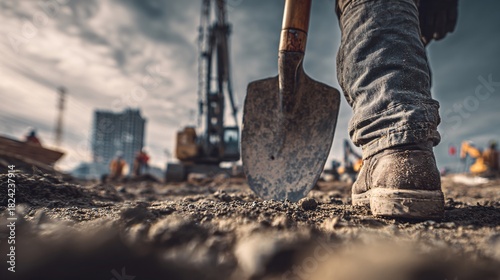 Construction worker digging soil with shovel on urban building site during cloudy day