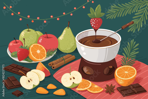 Featuring Chocolate Fondue With Christmas Fruits Crisp High-Quality Stock Image