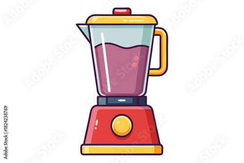 Red blender is mixing purple smoothie with a yellow handle and a button