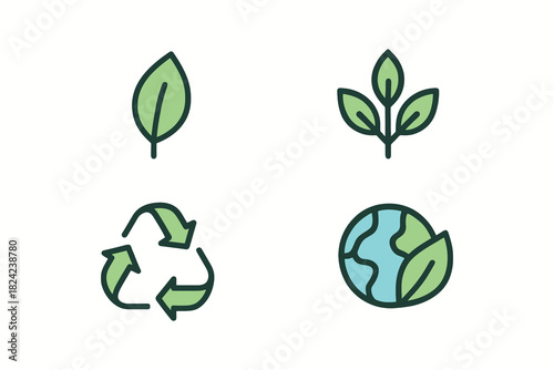Set of four green eco friendly icons including leaves recycling symbol and planet earth
