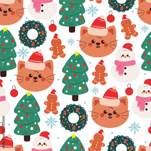 seamless pattern cute cartoon cat with winter and christmas element drawing