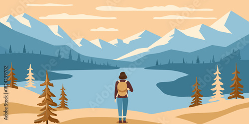 Woman hiker enjoying a mountain lake view with evergreen trees