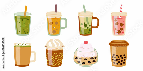 Collection of colorful bubble tea drinks with tapioca pearls