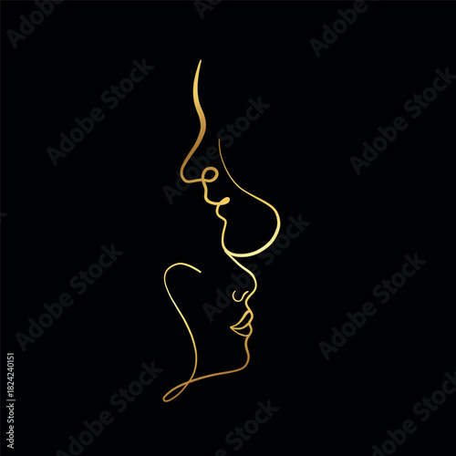 woman with gold line art logo vector icon template design
