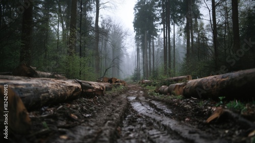 Muddy forest path with felled logs