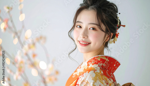 赤と金の振袖で微笑む10代の晴れやかなポートレート
– Bright Portrait of a Teenager in Red and Gold Furisode Kimono