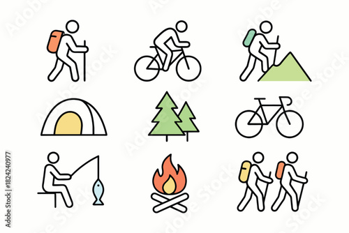 Collection of outdoor activity icons for hiking camping and cycling adventures