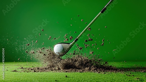 Golf club hitting ball with dirt flying on green background.