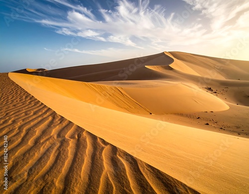 Fototapeta Naklejka Na Ścianę i Meble -  Sweeping sand dunes under a vibrant blue sky with wispy clouds, showcasing light and shadow
