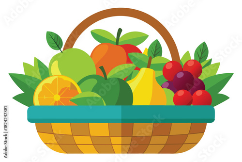 Vibrant fruits fill a woven basket with apples, orange slices, pears, and grapes