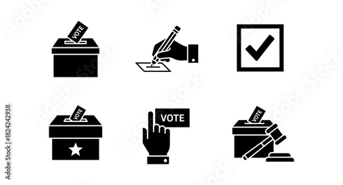 Set of election icons: ballot box, hand voting, checkmark, and gavel in silhouette style