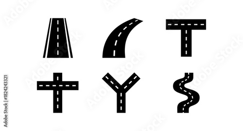 Black road icons set with various shapes on white background