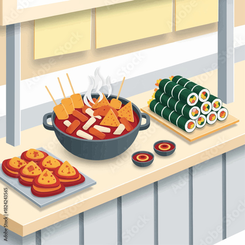 Korean street food stall with layered rice cakes, fishcakes, kimbap rolls