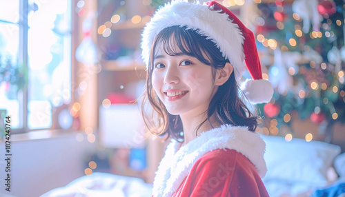 きらめく笑顔のサンタ衣装を着た日本人女性の明るいポートレートキラキラかわいい
– Cheerful Japanese Woman in Santa Costume on White Background