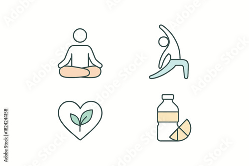 Set of four simple icons representing yoga meditation healthy heart and water with lemon