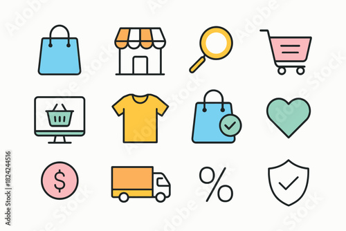 Collection of colorful shopping and e commerce icons on a white background