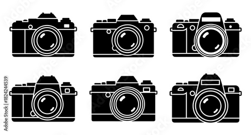 Set of vintage camera silhouettes in classic black and white design