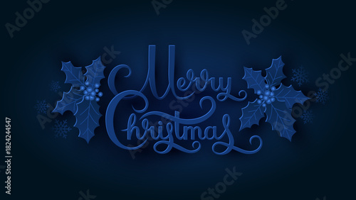 Navy christmas card with hand written text. Dark festive background