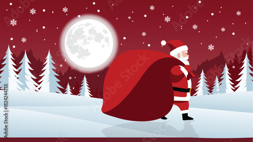 Santa Claus carrying a gift sack in a snowy winter forest at night