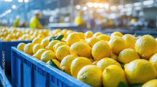 Freshly harvested lemons in industrial setting with workers in background under bright lighting