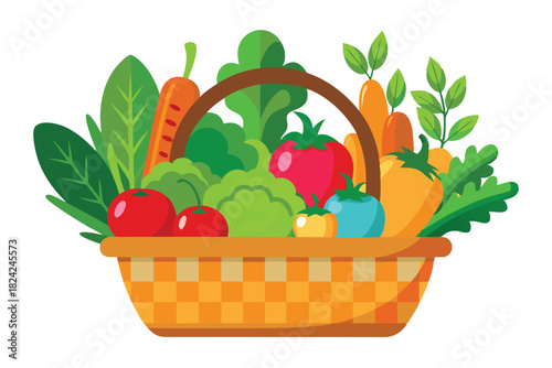 Fresh vegetables including carrots, tomatoes, lettuce, and broccoli are featured in a basket