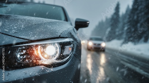 Snowy winter road with cars driving in blurred background during daytime snowfall