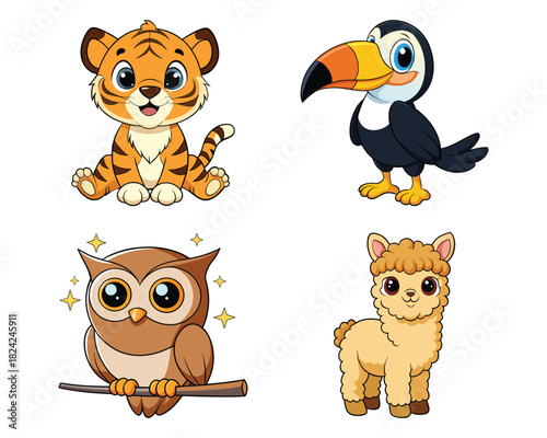 tiger, cute toucan, owl, alpaca Colorful Cartoon Vector Design illustration