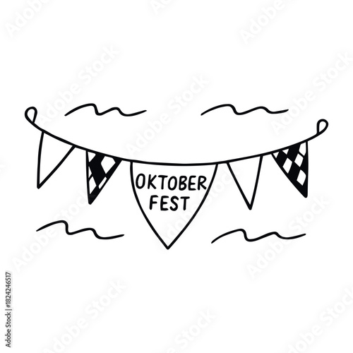 Oktoberfest pennant banner sketch with Bavarian checkered flags and festive motion lines