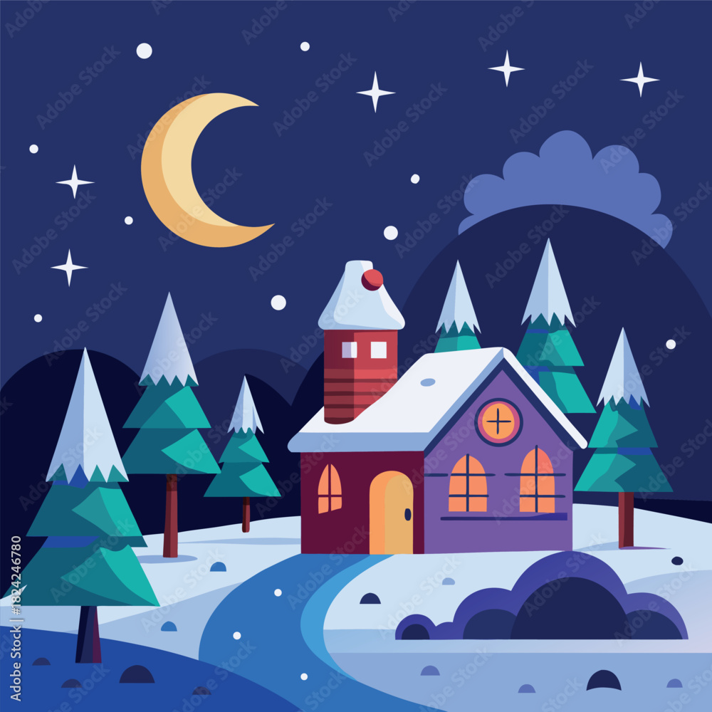 Naklejka premium Colorful winter forest illustration with stylized leaves, snowflakes, and cool blue tones.