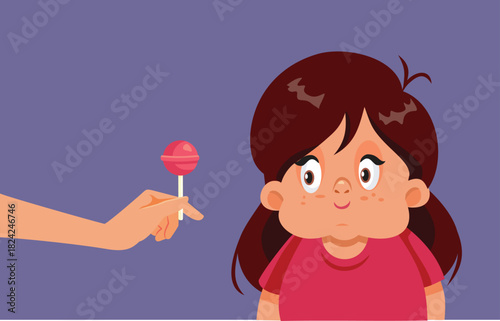 Parent Offering a Lollipop to Child Suffering from Obesity. Mom reinforces bad eating habits and gives sweets as reward 
