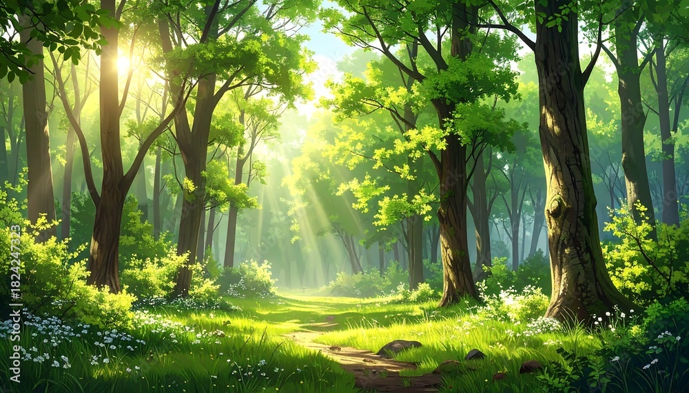 Obraz premium Sunlit path cuts through lush green forest, leaves filtering light