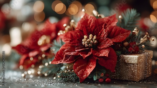 Lush red poinsettia flower arrangement features green pine needles, holiday gift boxes and gold glitter in warm festive indoor lighting.