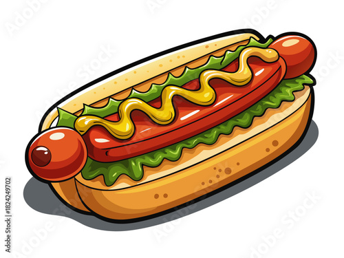 Vector illustration of a Chicago hot dog topped with mustard, relish, onions, tomato slices, pickle spear, and peppers isolated on white background