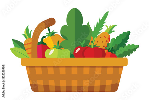 Vegetables like tomatoes, carrots, and peppers fill a wicker basket ready for market day
